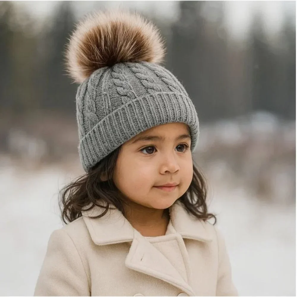 Kids Knit Hat Child Size Gray Cable Knit Faux Fur Pom Beanie Winter Cap